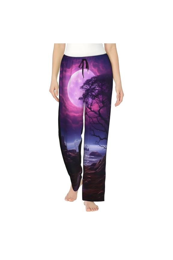 Purple Moon Tree Night Sky Women’s Womens Pajama Pants, Lounge Wide Leg PantsLounge Pants,Sleep Bottoms, Lounge for Women-Large