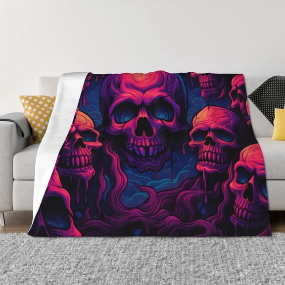 Vsdgher Purple-Red Skull Pattern Fleece Throw Blanket, Horizontal Fleece Bedding Home Decor for Couch & Bed All Season Use -80"x60"