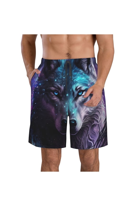 Purple Sky Wolf Men's Beach Shorts, Surfing shorts, Swim trunks, Quick Dry Swim Trunks for Surfing Beach Fun -XX-Large