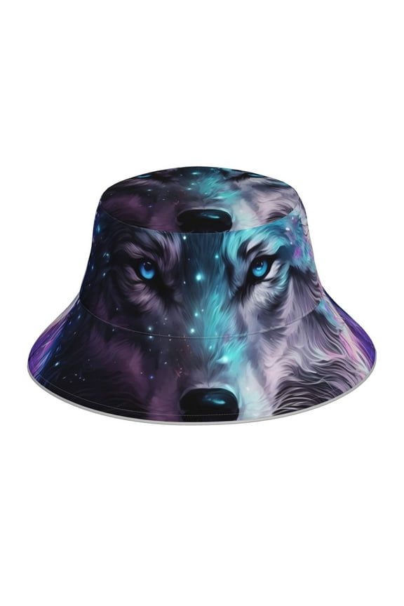 Purple Sky Wolf Print Bucket Hat for Men&Women Bucket Hat Reversible Summer Double-Side-Wear Travel Gardening, Beach, Camping, Hiking, Fishing Cap