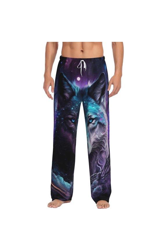 Purple Sky Wolf Print Mens Pajama Pants Sleep & Lounge Pants, PJ Bottoms With elastic waistb and Pockets
