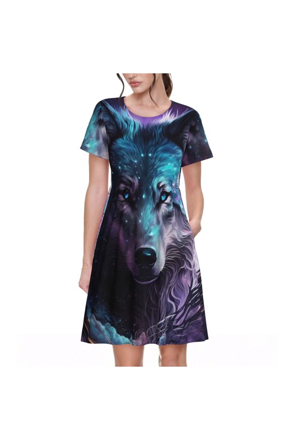 Purple Sky Wolf for Womens Summer 2025 Casual Midi Maxi Dresses Lightweight Short Sleeve Round Neck Beach Dress -Large