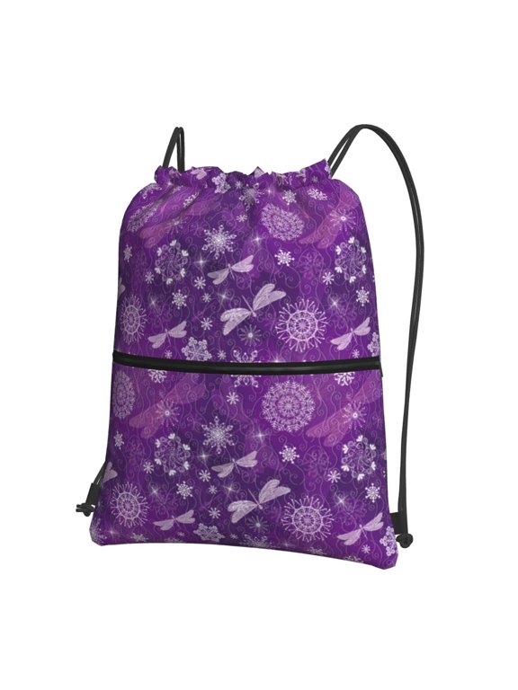 Purple Snowflakes Drawstring Backpack Water Resistant String Bag Sports Sackpack Gym Sack for Men Women