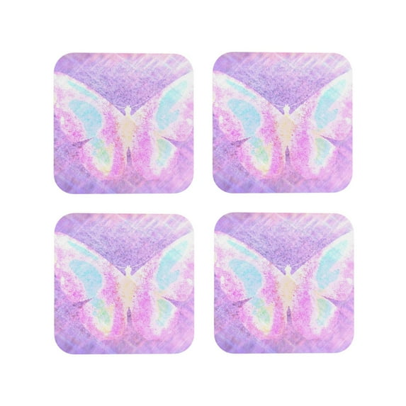 Vsdgher Purple Sparkling Butterfly Leather Coasters for Drinks, Durable Drink Coasters 4 Set for Tabletop Protection, Luxurious Home Décor and Housewarming Gift-Square
