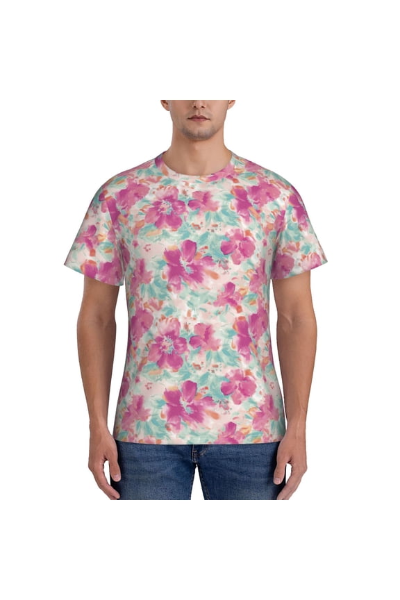 Purple Watercolor Flowers Print Men's Dry Fit Mesh Athletic Shirts Moisture Wicking Tennis T-Shirt Tops