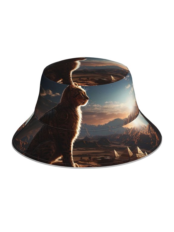 Pyramid Desert Cat Print Bucket Hat for Men&Women Bucket Hat Reversible Summer Double-Side-Wear Travel Gardening, Beach, Camping, Hiking, Fishing Cap