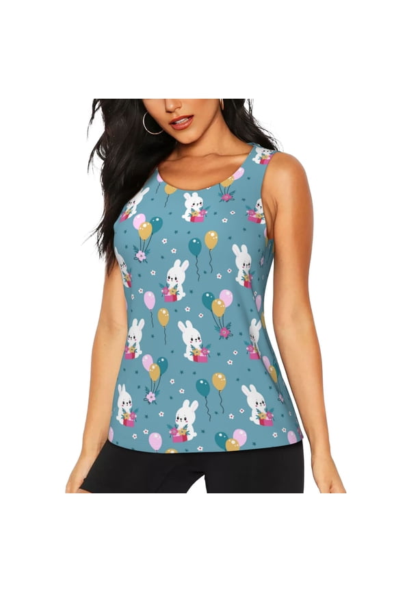 Rabbit And Balloon Print Tank Top Sports Vest Bra for Women Sports ,Performance Stretchy Quick Dry Sports Workout Running Top Vest with Removable Pads