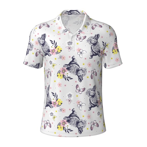 Vsdgher Rabbit And Butterfly Print Men's Short Sleeve Stretch Polo Shirt, Moisture-Wicking Performance Polo Shirt