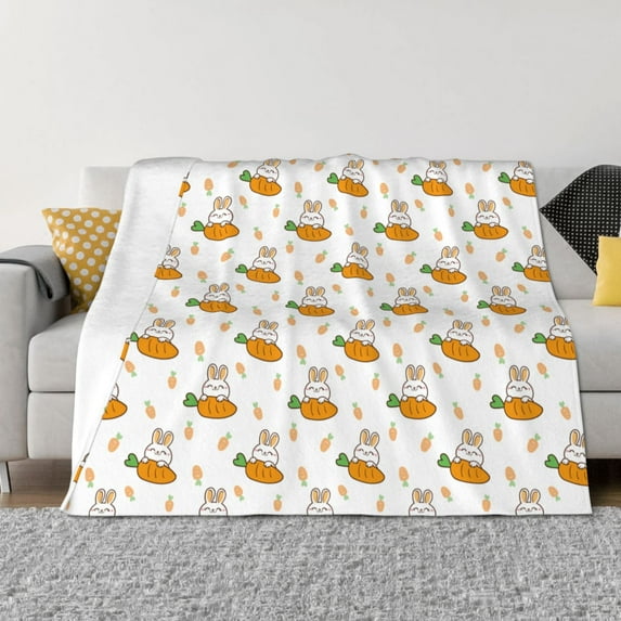 Vsdgher Rabbit And Carrot Pattern Fleece Throw Blanket, Horizontal Fleece Bedding Home Decor for Couch & Bed All Season Use -50"x40"