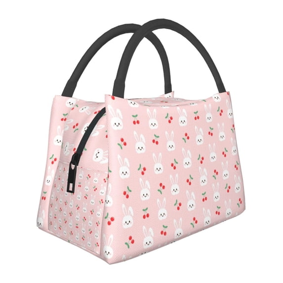 Vsdgher Rabbit And Cherry Print Insulated Reusable Bags with Sturdy Zipper and Handles, Foldable Totes for Hot or Cold Food Bring or Delivery