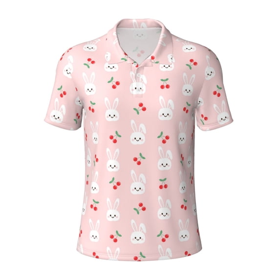 Vsdgher Rabbit And Cherry Print Men's Short Sleeve Stretch Polo Shirt, Moisture-Wicking Performance Polo Shirt