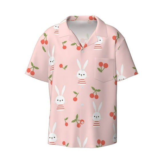 Vsdgher Rabbit And Cherry Print Men's Wrinkle Free Untucked Cuban Shirt Business Casual Button Down Shirts Short Sleeve Shirt