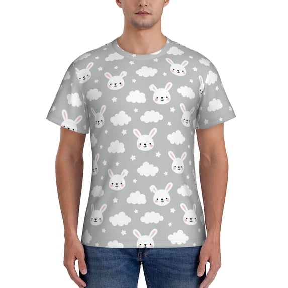 Vsdgher Rabbit And Cloud Print Men's Dry Fit Mesh Athletic Shirts Moisture Wicking Tennis T-Shirt Tops