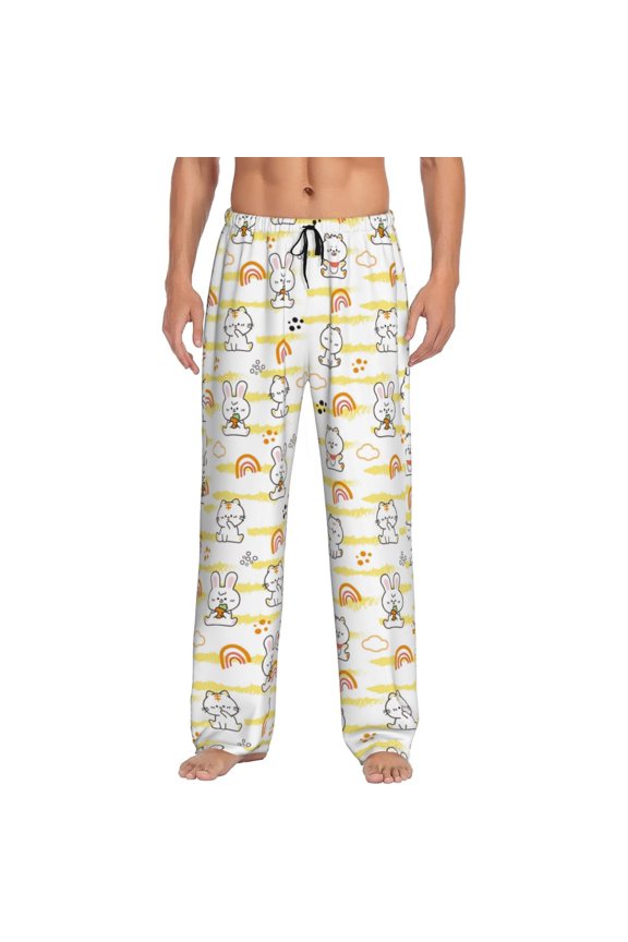 Rabbit And Milk Tea Print Mens Pajama Pants Sleep & Lounge Pants, PJ Bottoms With elastic waistb and Pockets
