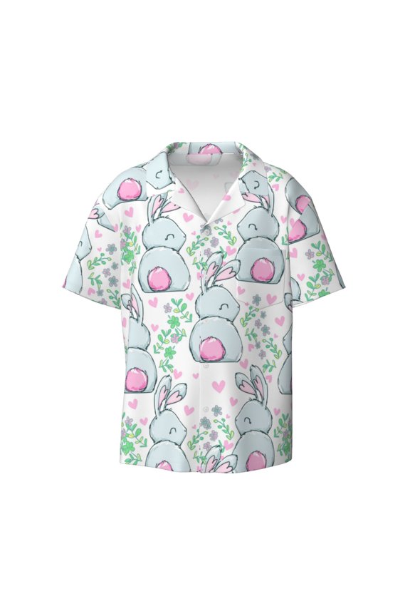 Rabbit Back View Print Men's Wrinkle Free Untucked Cuban Shirt Business Casual Button Down Shirts Short Sleeve Shirt