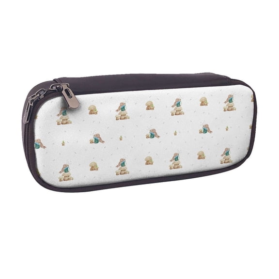 Vsdgher Rabbit Blowing Dandelions Print Pen Case Leather Pencil Pouch Markers Holder Big Capacity Bag with Zippered Pocket for Stationery Tool