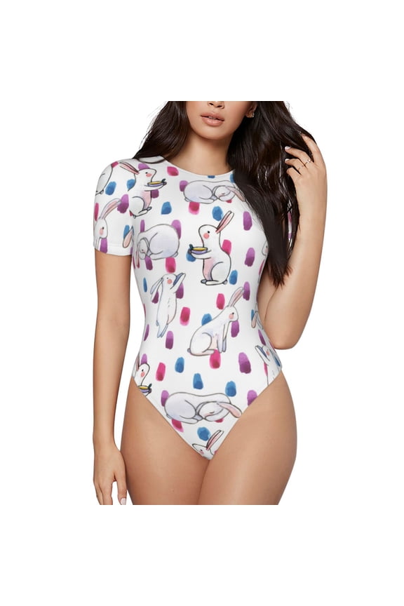 Rabbit Eating Prinr Short Sleeve Body suit for Womens, Sexy Onesie One Piece Round Neck Bodysuit Shapewear Tummy Control-XX-Large