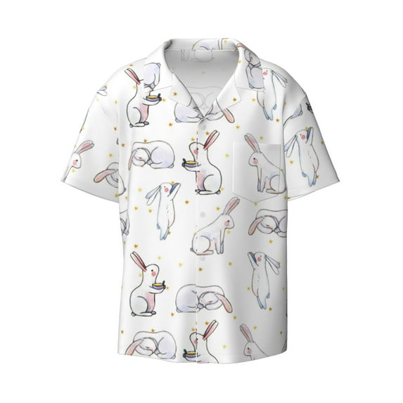 Vsdgher Rabbit Eating Print Men's Wrinkle Free Untucked Cuban Shirt Business Casual Button Down Shirts Short Sleeve Shirt