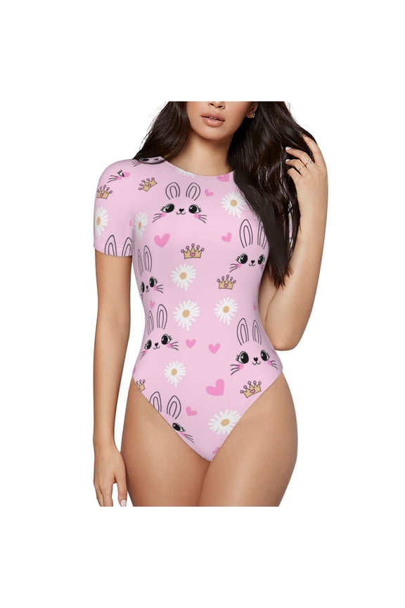 Rabbit Face Prinr Short Sleeve Body suit for Womens, Sexy Onesie One Piece Round Neck Bodysuit Shapewear Tummy Control-Medium