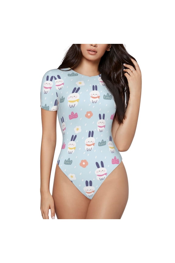 Rabbit In The Rain Prinr Short Sleeve Body suit for Womens, Sexy Onesie One Piece Round Neck Bodysuit Shapewear Tummy Control-Small
