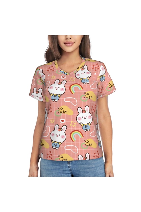 Rabbit So Cute Women Shirts V Neck Short Sleeve Tops T-Shirt Basic Tees, S to 3XLXX-Large