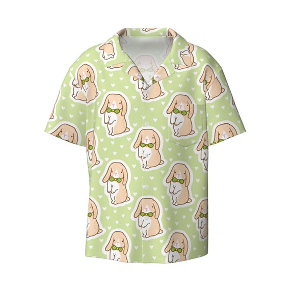 Vsdgher Rabbit With Tie Print Men's Wrinkle Free Untucked Cuban Shirt Business Casual Button Down Shirts Short Sleeve Shirt
