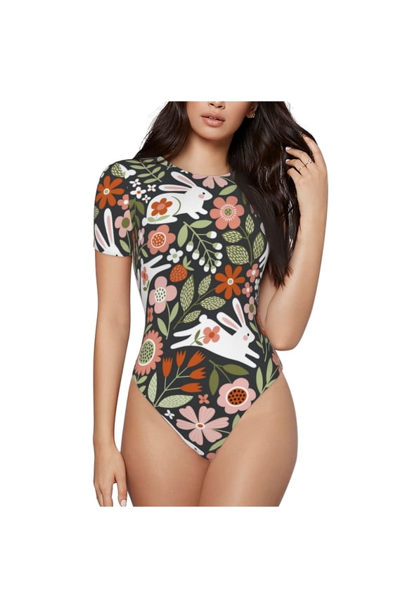 Rabbits on Floral Prinr Short Sleeve Body suit for Womens, Sexy Onesie One Piece Round Neck Bodysuit Shapewear Tummy Control-XX-Large