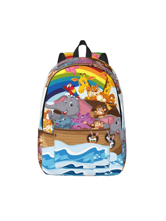 Rainbow Animals on Noah's Ark Print Canvas Backpack Travel Rucksack Unisex Knapsack 15.7/17.7Inch Laptop Backpack for Work,College -Medium