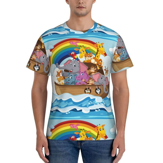 Vsdgher Rainbow Animals on Noah's Ark Print Men's Dry Fit Mesh Athletic Shirts Moisture Wicking Tennis T-Shirt Tops