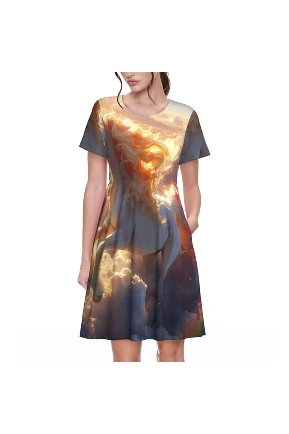 Rainbow Cloud White Horse for Womens Summer 2025 Casual Midi Maxi Dresses Lightweight Short Sleeve Round Neck Beach Dress -X-Large