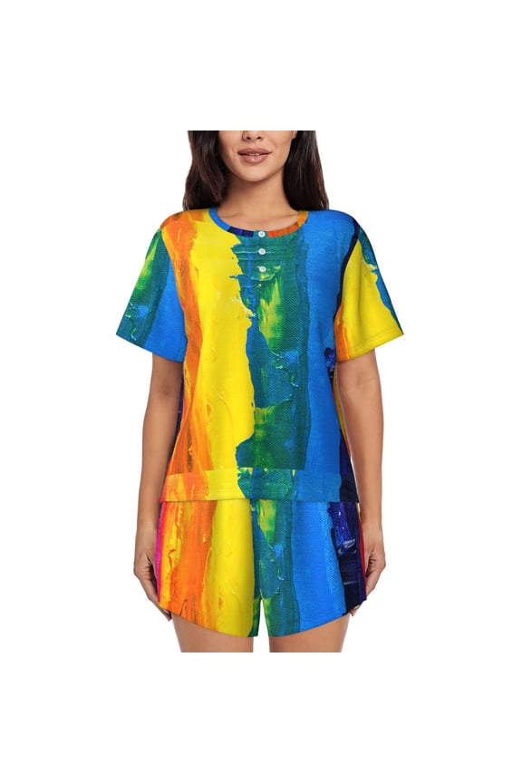 Rainbow Colored Pattern Womens Pajamas 2 Piece Short Sleeve Sleepwear Set,Summer Soft Pajamas Set Casual Lounge Sets, 2-Piece Pj -4X-Large