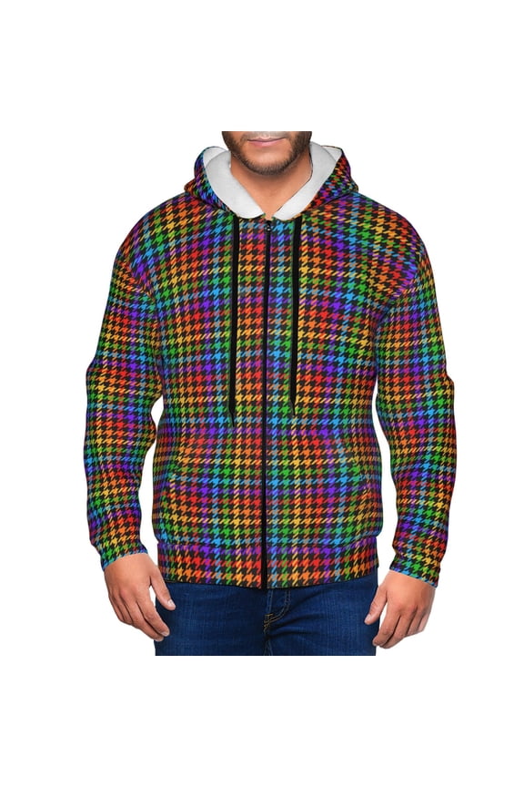 Rainbow Houndstooth Mens Hoodies Zip Hoodie, Hoodies for Men, Zip-up Hooded Sweatshirt-Small