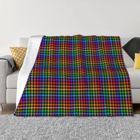 Vsdgher Rainbow Houndstooth Pattern Fleece Throw Blanket, Horizontal Fleece Bedding Home Decor for Couch & Bed All Season Use -80"x60"