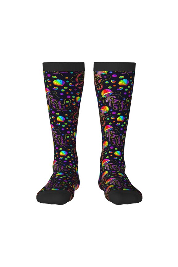 Rainbow Jellyfishes Print Thigh High Socks Extra Long Stretchy Sock Women Over Knee High Opaque Stocking Daily Wear