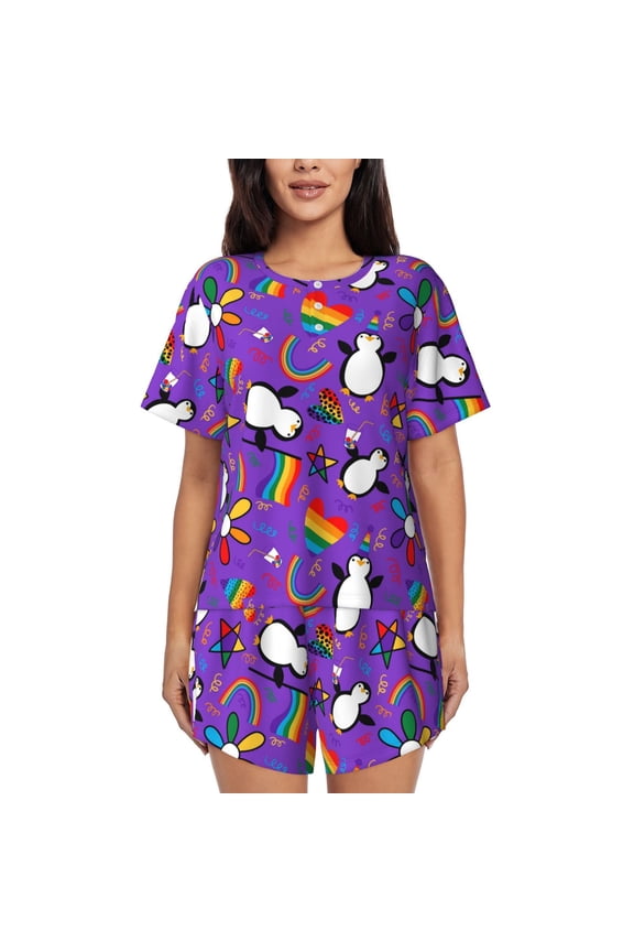 Rainbow Lgbt Penguin Pattern Womens Pajamas 2 Piece Short Sleeve Sleepwear Set,Summer Soft Pajamas Set Casual Lounge Sets, 2-Piece Pj -4X-Large
