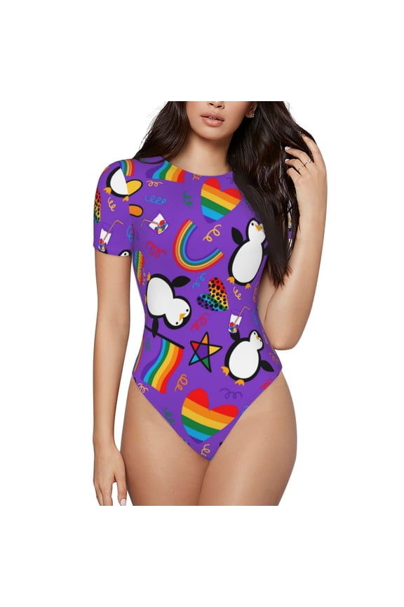 Rainbow Lgbt Penguin Prinr Short Sleeve Body suit for Womens, Sexy Onesie One Piece Round Neck Bodysuit Shapewear Tummy Control-Medium