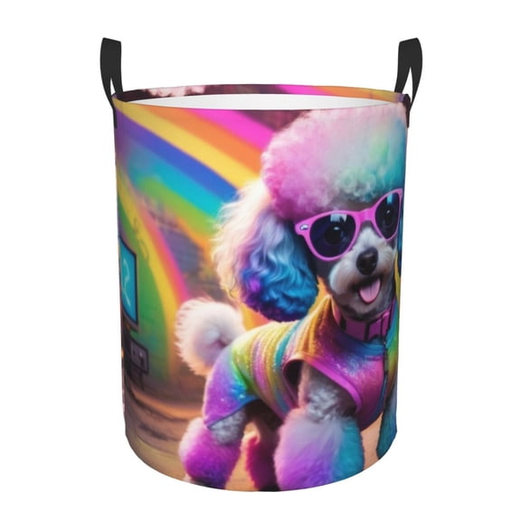 Vsdgher Rainbow Poodle Urban Street Waterproof Round Large Laundry Basket -Toy Storage Basket, Perfect as Hamper, Kids Room Storage, and Toy Containment-Medium