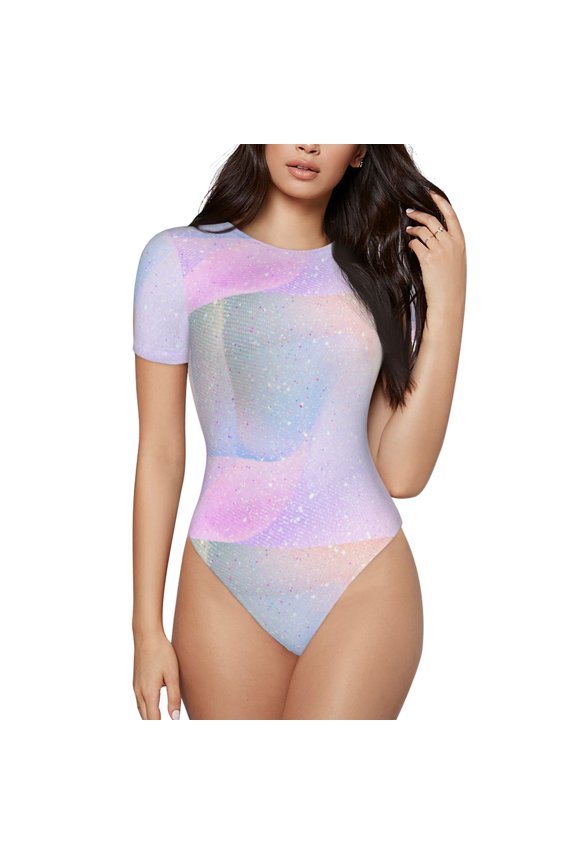 Rainbow Prinr Short Sleeve Body suit for Womens, Sexy Onesie One Piece Round Neck Bodysuit Shapewear Tummy Control-Medium