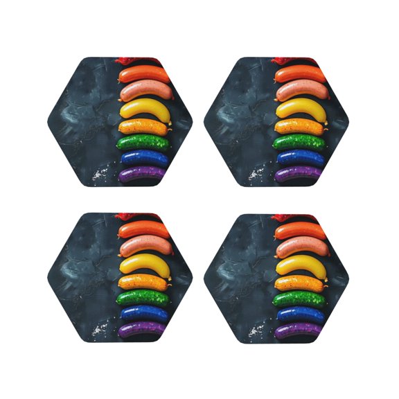 Vsdgher Rainbow Sausages On Dark Slate Leather Coasters for Drinks, Durable Drink Coasters 4 Set for Tabletop Protection, Luxurious Home Décor and Housewarming Gift-Hexagon