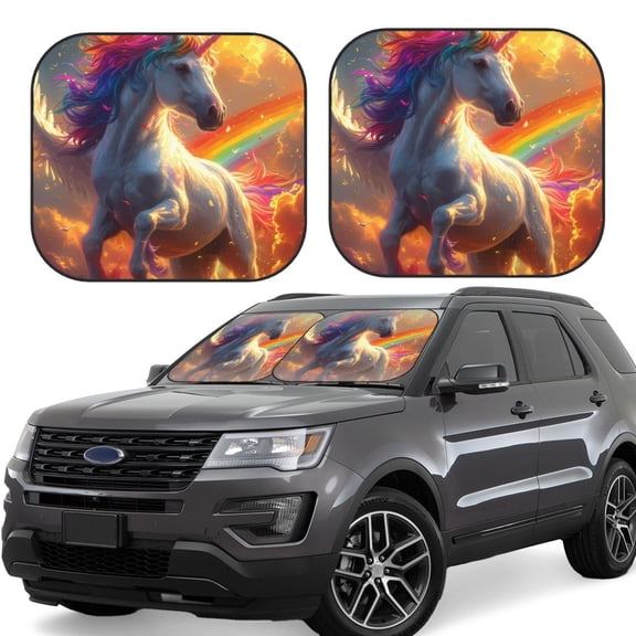 Vsdgher Rainbow Sunset Cloud White Horse Print Car Windshield Sun Shade, Reflective Sunshade Window Sunshade Sun Visor Protector Fit for Cars,Trucks,SUVs-Small