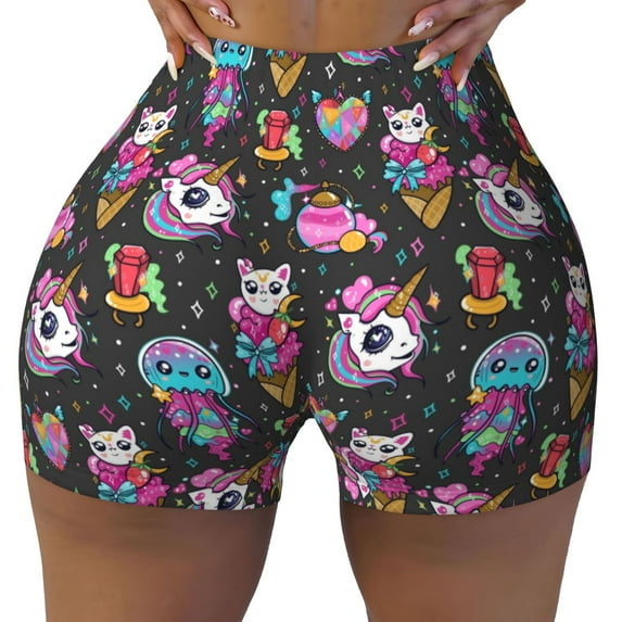 Vsdgher Rainbow Unicorn And Cat Icecream print Workout Shorts for Women Seamless Soft Smooth Gym Yoga Scrunch Active Exercise Fitness Shorts