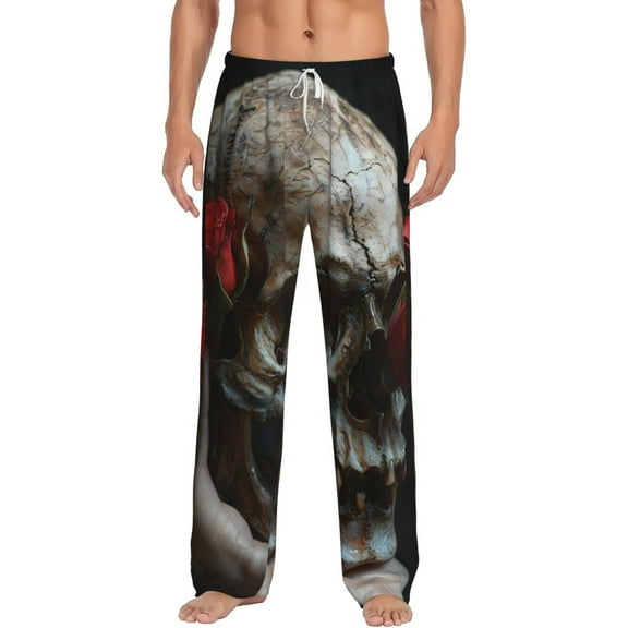 Vsdgher Realistic Rose Skull Print Mens Pajama Pants Sleep & Lounge Pants, PJ Bottoms With elastic waistb and Pockets