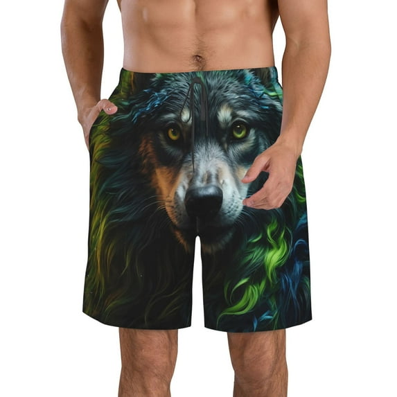 Vsdgher Realistic Style Colorful Wolf A Men's Beach Shorts, Surfing shorts, Swim trunks, Quick Dry Swim Trunks for Surfing Beach Fun -X-Large