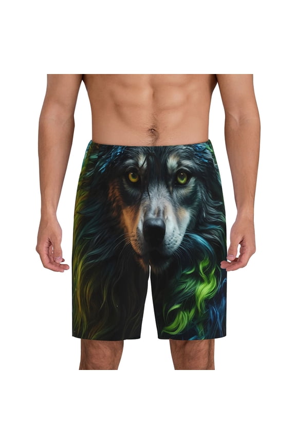 Realistic Style Colorful Wolf A Print Men's Pajama Shorts Lounge Bottoms Sleep Shorts Elastic Waist Lightweight PJ Shorts with Pockets-Small