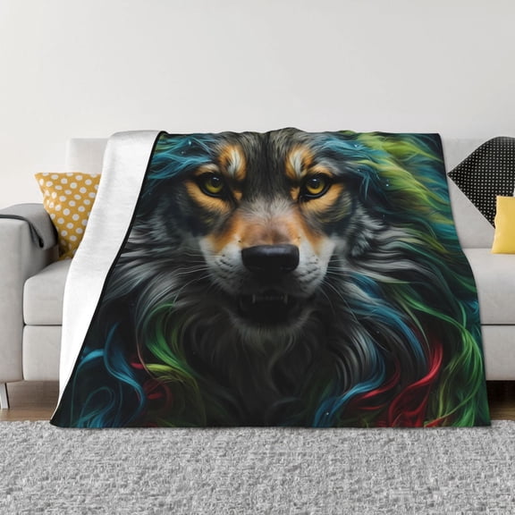 Vsdgher Realistic Style Colorful Wolf Pattern Fleece Throw Blanket, Horizontal Fleece Bedding Home Decor for Couch & Bed All Season Use -80"x60"