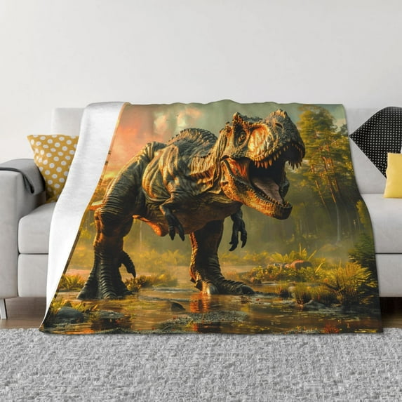 Vsdgher Realistic Style Forest Dinosaur Pattern Fleece Throw Blanket, Horizontal Fleece Bedding Home Decor for Couch & Bed All Season Use -60"x50"
