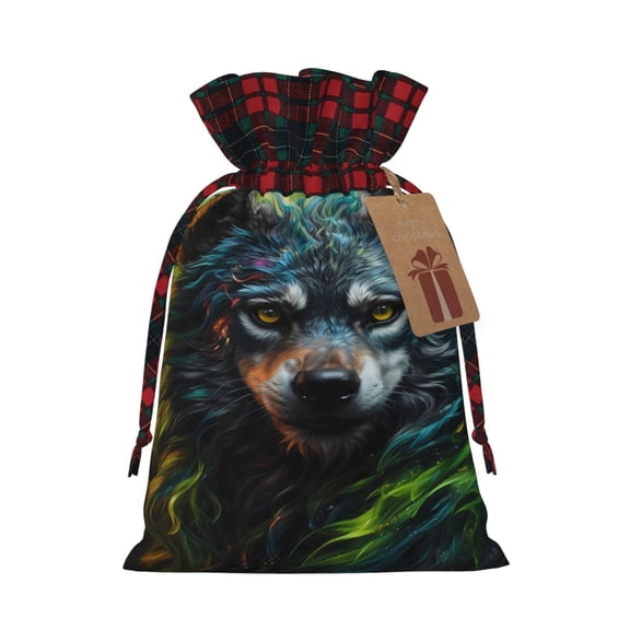 Vsdgher Realistic Style Green Fur Wolf Christmas Drawstring Bags Xmas Burlap Bags Pouches Xmas Elements Wrapping Bags for Candy Goody Birthday Wedding-Black