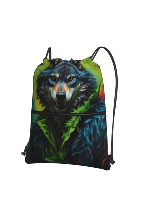 Realistic Style Wolf Warrior Drawstring Backpack Water Resistant String Bag Sports Sackpack Gym Sack for Men Women
