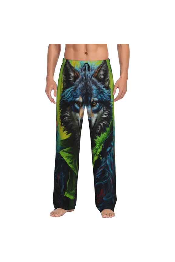 Realistic Style Wolf Warrior Print Mens Pajama Pants Sleep & Lounge Pants, PJ Bottoms With elastic waistb and Pockets