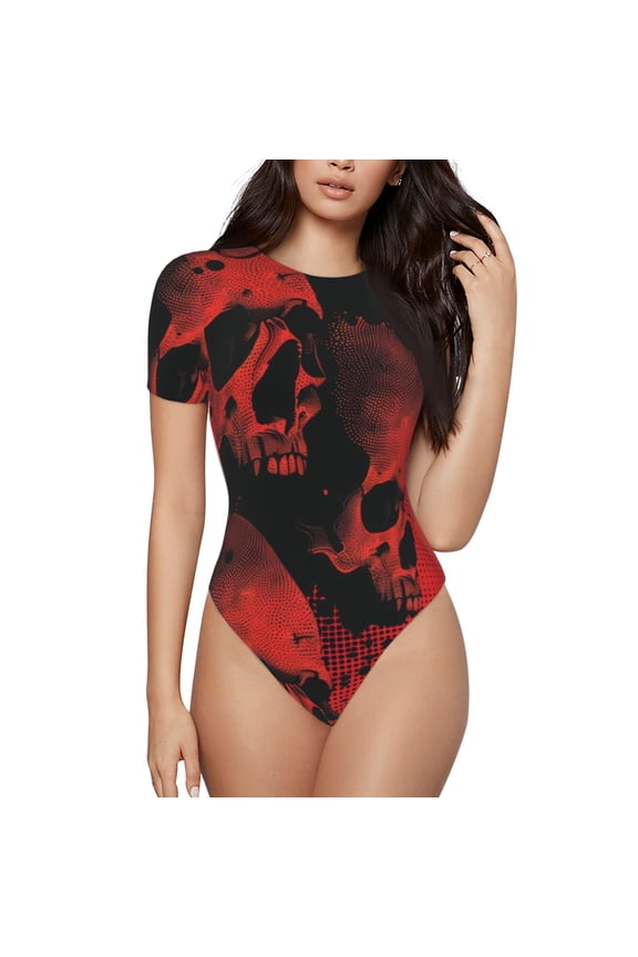Red And Black Abstract Skull Prinr Short Sleeve Body suit for Womens, Sexy Onesie One Piece Round Neck Bodysuit Shapewear Tummy Control-Large